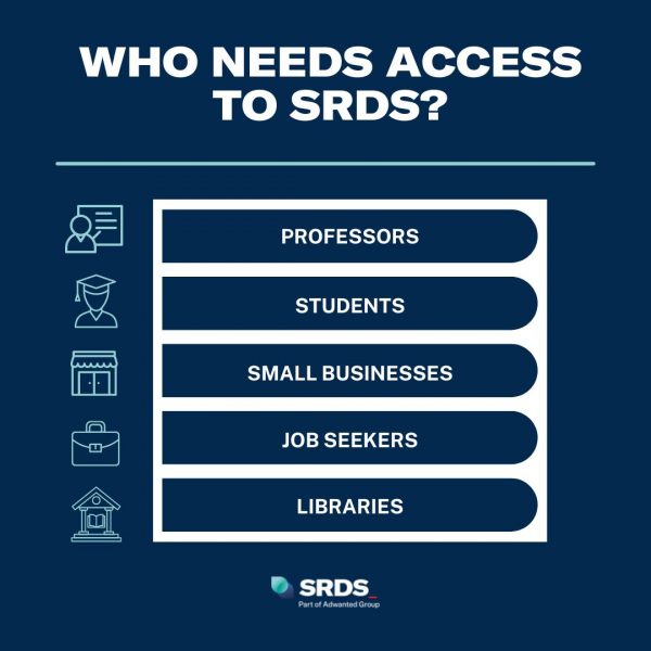 An infographic list of types of people who need access to SRDS for media services.