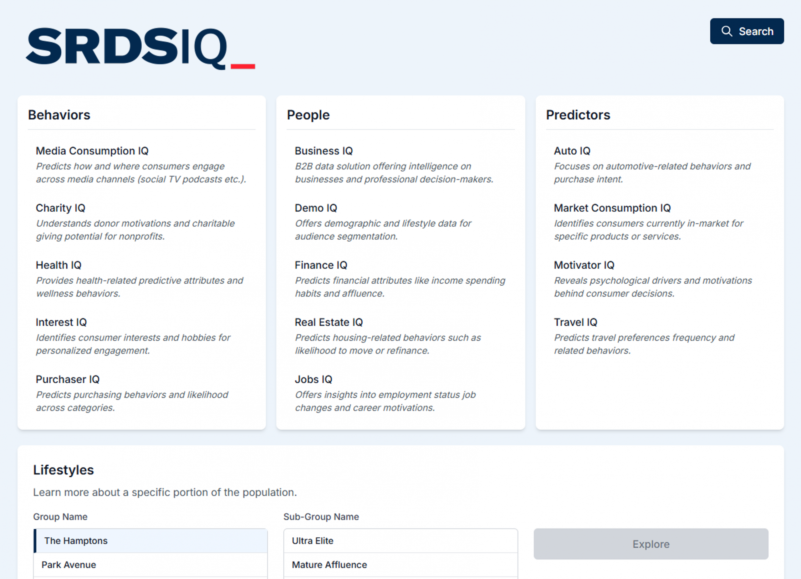 SRDS IQ Dashboard SRDS IQ dashboard screen showing the SRDS IQ logo in navy, a navy "Search" button, and the four main categories: Behaviors, People, Predictors, and Lifestyles, and each category's available sub-categories with a corresponding description