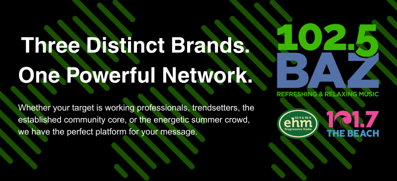 Header banner image for 102.5 BAZ radio with the bright green and blue-grey 102.5 BAZ logo positioned above smaller iterations of the 92.9 & 96.9 EHM and 101.7 The Beach logos on the right 1/3 of the image and in white text on the left 2/3 is header text,