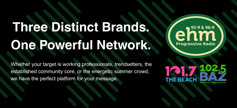 Header banner image for WEHM radio with the green EHM logo positioned above smaller iterations of the 101.7 The Beach and 102.5 BAZ logos on the right 1/3 of the image and in white text on the left 2/3 is header text,