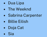 2/3 List of Artists on 101.7 The Beach in black text on a light blue background: Dua Lip, The Weeknd, Sabrina Carpenter, Billie Eilish, Doja Cat, Sia