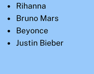 3/3 List of Artists on 101.7 The Beach in black text on a light blue background: Rihanna, Bruno Mars, Beyonce, Justin Bieber