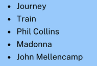 3/3 List of Artists on 102.5 WBAZ in black text on a light blue background: Journey, Train, Phil Collins, Madonna, John Mellencamp