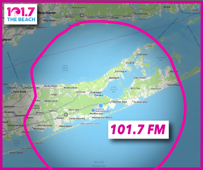 Coverage map for 101.7 The Beach showing a pink circle over most of Long Island, NY