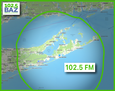 Coverage map for 102.5 BAZ showing a bright green circle over most (eastern) of Long Island, NY and some of southern CT