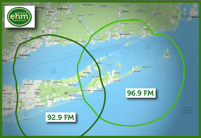 Coverage map for 92.9 and 96.9 'EHM showing two green circles over most of Long Island, NY and some of southern CT