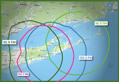 Map showing coverage of the three stations of Long Island Broadcasting. The map shows Long Island, NY and Southern CT with a green circle for WEHM's coverage, a pink circle for 101.7 The Beach's coverage, and a dark blue circle for 102.5 WBAZ's coverage.