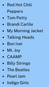 3/3 List of Artists on 'EHM, in black text on a light blue background: Red Hot Chili Peppers, Tom Petty, Brandi Carlile, My Morning Jackey, Talking Heads, Bon Iver, Mt. Joy, CAAMP, Billy Strings, The Beatles, Pearl Jam, Indigo Girls