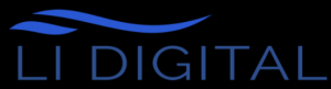LI Digital Logo with "LI Digital" in thin all-caps text and a pair of medium blue waves above the text. On a black background.