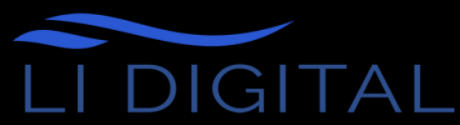 LI Digital Logo with "LI Digital" in thin all-caps text and a pair of medium blue waves above the text. On a black background.