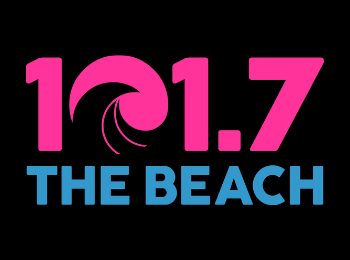 101.7 The Beach Logo with pink text for "101.7" and blue text for "THE BEACH"