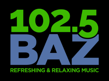 'BAZ logo with "102.5" and "REFRESHING & RELAXING MUSIC" in bright green text and "BAZ" in grey-blue text. On a black background.
