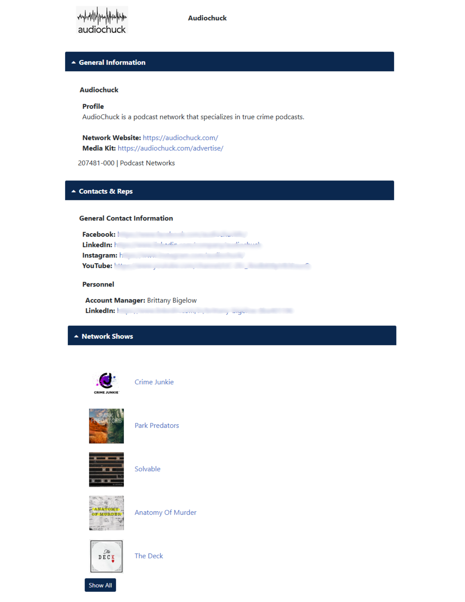 SRDS – Podcast Listing Example 2 – Audiochuck